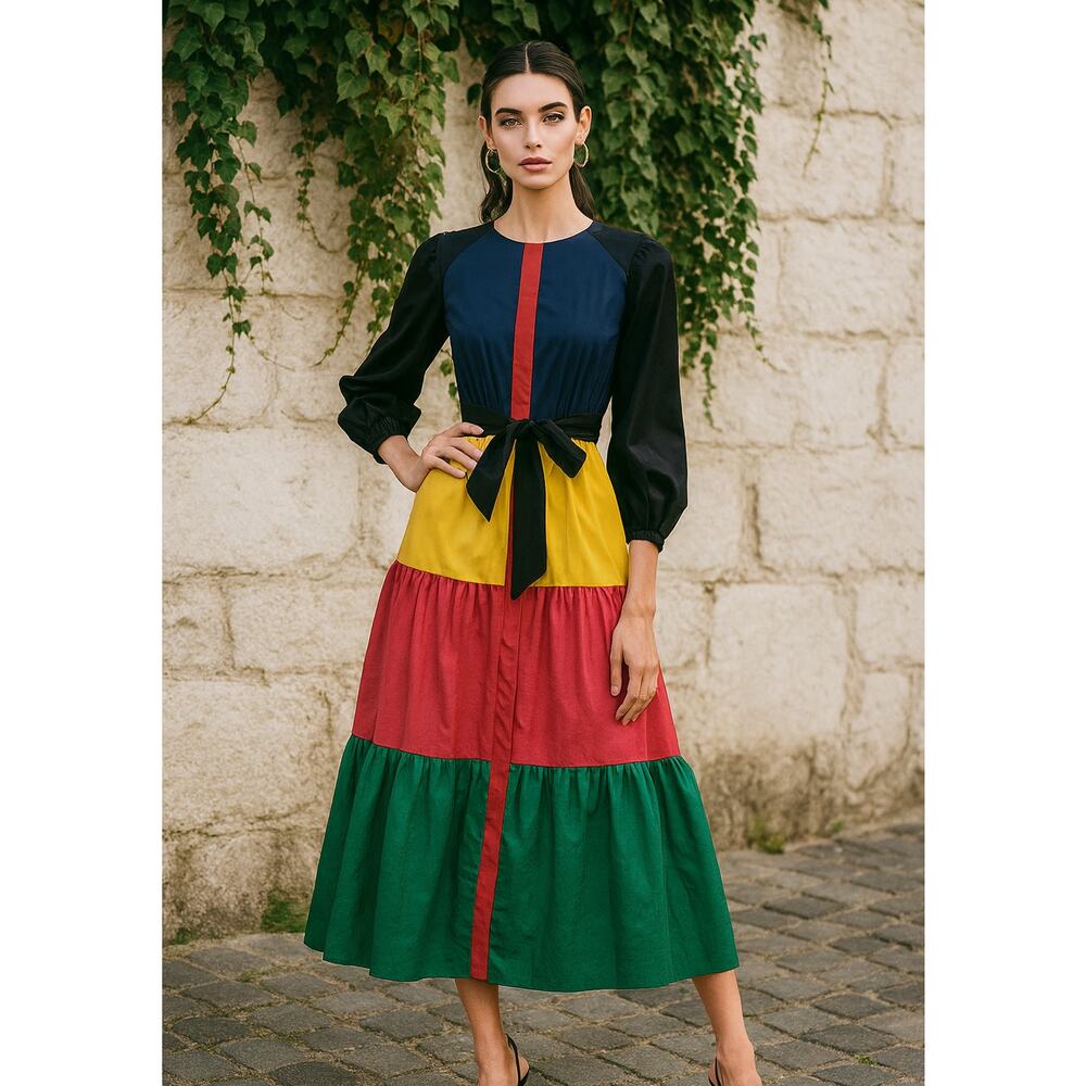 Borgo De Nor Multicolor Patchwork Maxi Dress Belted Long Sleeve Size 10